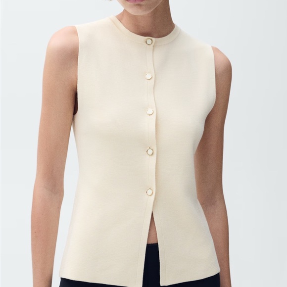 Mango Tops - Mango Sleeveless Button-Down Shell in Cream with Gold Buttons